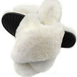 White Cross Band Fuzzy Faux Fur Slippers Size S